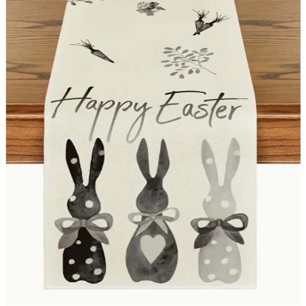 Easter Table Runner 13x72in Woven Polyester Happy Easter Bunnies Black & Gray